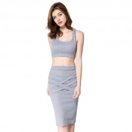 SEXY U-NECK SLEEVELESS TANK TOP   SOLID COLOR BANDAGE SKIRT (GRAY, SIZE S/L)