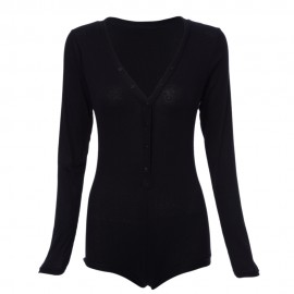 SEXY PLUNGING NECK LONG SLEEVE SKINNY LADIES ROMPER (BLACK, SIZE S/M/L/XL)