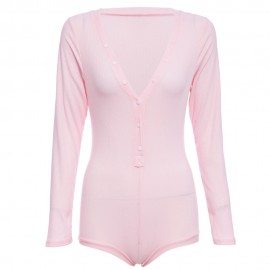 SEXY PLUNGING NECK LONG SLEEVE SKINNY LADIES ROMPER (PINK, SIZE S/M/L/XL)