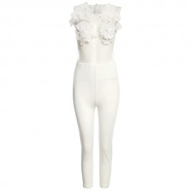 WOMEN'S SEXY SLEEVELESS PERSPECTIVE APPLIQUE LACE JUMPSUIT (WHITE, SIZE S/M/L/XL)