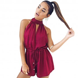 WOMEN'S CASUAL HALTER OFF-THE-SHOULDER LACE-UP DRAWSTRING ROMPER (WINE RED, SIZE S/M/L/XL)