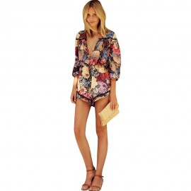 WOMEN'S THREE QUARTER SLEEVE LACE-UP FLORAL PRINT LOOSE ROMPER (SIZE S/M/L/XL)