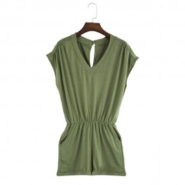 WOMEN'S V-NECK SLEEVELESS BUTTON ELASTIC WAIST POCKET ROMPER (GREEN, SIZE S/M/L/XL/2XL)