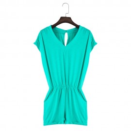 WOMEN'S V-NECK SLEEVELESS BUTTON ELASTIC WAIST POCKET ROMPER (LAKE BLUE, SIZE S/M/L/XL/2XL