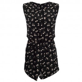 WOMEN SLEEVELESS HOLLOW OUT ELASTIC WAIST POCKET FLORAL PRINT ROMPER (BLACK, SIZE S/M/L/XL