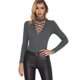 WOMEN'S SEXY HALTER CRISS-CROSS LONG SLEEVE KNITTED SHEATHY (GRAY, SIZE S/M/L/XL)