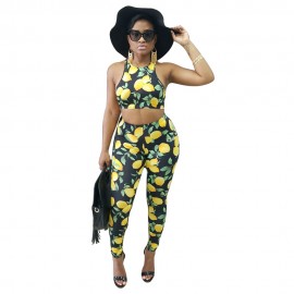 WOMEN'S 2PCS FASHION SLEEVELESS CROP TOP SHEATHY PANTS (YELLOW AND BLACK, SIZE S/M/L/XL)
