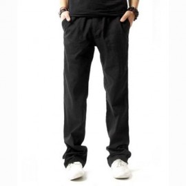 LINEN BREATHABLE STRAIGHT ELASTIC BAND MALE CAUSAL PANTS (BLACK)