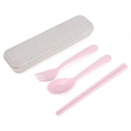 3PCS ENVIRONMENTALLY FRIENDLY WHEAT STRAW CHOPSTICKS SPOON FORK STORAGE SET PORTABLE FOR T