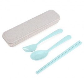 3PCS ENVIRONMENTALLY FRIENDLY WHEAT STRAW CHOPSTICKS SPOON FORK STORAGE SET PORTABLE FOR T
