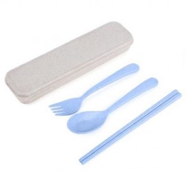 3PCS ENVIRONMENTALLY FRIENDLY WHEAT STRAW CHOPSTICKS SPOON FORK STORAGE SET PORTABLE FOR T