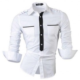 COLOR BLOCK SLIM FIT TURN DOWN COLLAR LONG SLEEVE CASUAL SHIRT FOR MALE (WHITE)