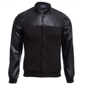STYLISH PATCHWORK DESIGN SLIM FIT STAND COLLAR JACKET FOR MALE (BLACK)