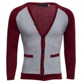 CASUAL PATCHWORK V NECK MALE LONG SLEEVE SHIRT (WINE RED)