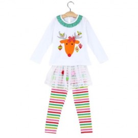 2PCS CUTE GIRLS ELK PRINTED T-SHIRT STRIPED TROUSERS FOR PARTY (WHITE)