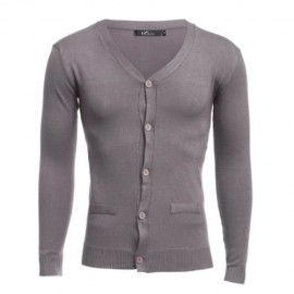 CASUAL PURE COLOR V NECK LONG SLEEVE MALE SLIM FIT KNITWEAR (KHAKI)