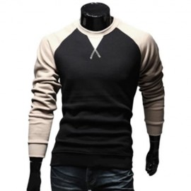 CASUAL PATCHWORK ROUND NECK MALE LONG SLEEVE SHIRT (KHAKI)