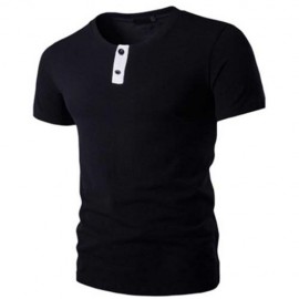 STYLISH PURE COLOR BUTTON DECORATION ROUND NECK MALE SHORT SLEEVE SHIRT (BLACK)