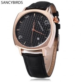 SANCYBIRDS FY979 MEN QUARTZ WATCH  DATE DISPLAY GENUINE LEATHER STRAP WRISTWATCH (BLACK LE