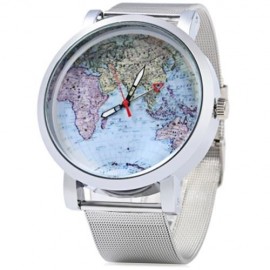JUBAOLI 1096 WOMEN QUART WATCH MAP DECORATION BIG ROUND DIAL STEEL NET BAND (SILVER)