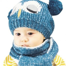 CUTE OWL POM-POM HAT WITH SCARF FOR CHILDREN (BLUE)