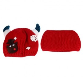 LOVELY HORN SNOW DEER PATTERN CHRISTMAS KNITTED WARM HAT WITH SCARF  FOR BABIES (RED)