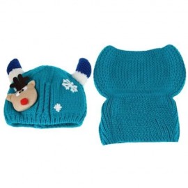 LOVELY HORN SNOW DEER PATTERN CHRISTMAS KNITTED WARM HAT WITH SCARF  FOR BABIES (LAKE BLUE