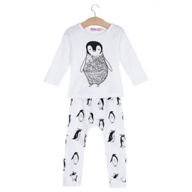 INFANT BABY CHILD UNISEX CUTE 2PCS CARTOON ANIMAL PENGUIN PRINT ROUND COLLAR LONG SLEEVE T