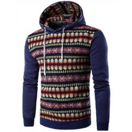 CASUAL COLOR BLOCK PATTERN PRINT MALE LONG SLEEVE HOODIE (DEEP BLUE)