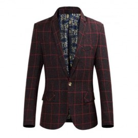 STYLISH GRID DESIGN FLORAL PRINT INSIDE TURN DOWN COLLAR MALE SLIM FIT SUIT (CLARET)