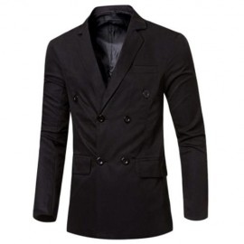 SIMPLE DESIGN SOLID COLOR POCKET DECORATION DOUBLE-BREASTED MALE SUIT JACKET (BLACK)
