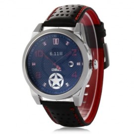 6.11 010B FASHION MALE QUARTZ WATCH WITH BREATHABLE HOLES GENUINE LEATHER STRAP (RED)
