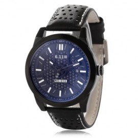6.11 010C FASHION MALE QUARTZ WATCH WITH BREATHABLE HOLES GENUINE LEATHER STRAP (BLACK)