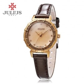 JULIUS JA - 757 WOMEN QUARTZ WATCH 3ATM RHINESTONE DIAL BEZEL SLENDER GENUINE LEATHER BAND