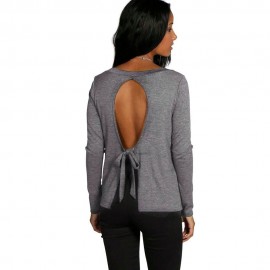 SEXY ROUND COLLAR LONG SLEEVE HOLLOW OUT LACE-UP WOMEN T-SHIRT