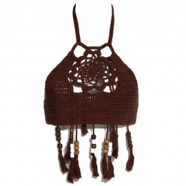 RETRO STYLE HALTER HOLLOW OUT KNITTED FRINGED WOMEN BIKINI TOP