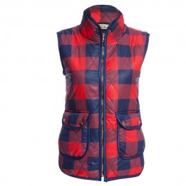 STAND COLLAR PLAID PRINT ZIPPERED WOMEN DOWN VEST