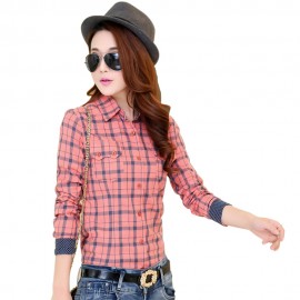 SWEET TURN DOWN COLLAR LONG SLEEVE PLAID PRINT SHIRT FOR WOMEN