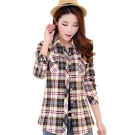 PREPPY SHIRT COLLAR LONG SLEEVE PLAID PRINT COLOR BLOCK SHIRT FOR WOMEN