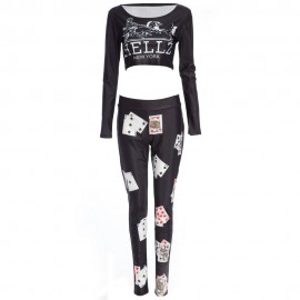 TRENDY ROUND COLLAR LONG SLEEVE CROP TOP   ELASTIC WAIST POKER PRINT LEGGINGS  LEGGINGS FO
