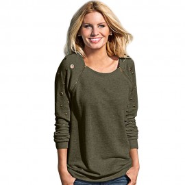 CASUAL ROUND COLLAR LONG SLEEVE BUTTON RIVET ZIPPER DESIGN T-SHIRT FOR WOMEN