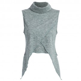CASUAL TURTLE NECK SLEEVELESS ASYMMETRIC SOLID COLOR T-SHIRT FOR WOMEN
