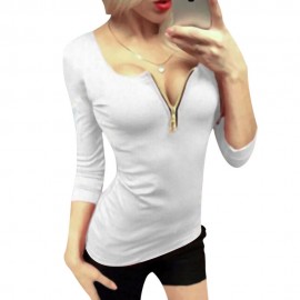 BRIEF PLUNGING NECK THREE QUARTER SLEEVE ZIPPER SOLID COLOR T-SHIRT FOR WOMEN