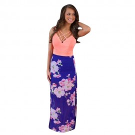 STYLISH V-NECK FLORAL PRINT SPLICED ZIPPERED MAXI DRESS FOR WOMEN