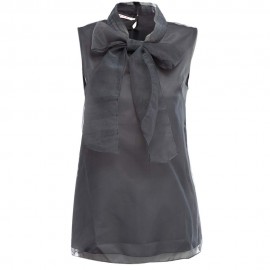 SWEET FOLD MANDARIN COLLAR SLEEVELESS BOWTIE BACK BUTTON SOLID COLOR ORGANZA T-SHIRT FOR W