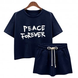 CASUAL ROUND COLLAR SHORT SLEEVE LETTER PRINT T-SHIRT   DRAWSTRING SHORTS TWINSET FOR WOME
