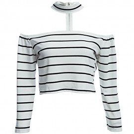 SEXY HALTER BOAT NECK OFF-THE-SHOULDER LONG SLEEVE BACK ZIPPER STRIPE PRINT CROP TOP FOR W