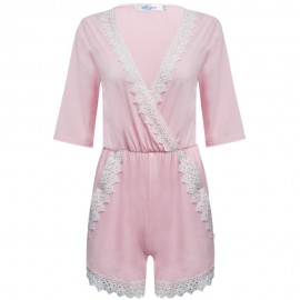 SWEET PLUNGING NECK SHORT SLEEVE MID ELASTIC WAIST LACEWORK PATCHWORK HOLLOW OUT DESIGN RO