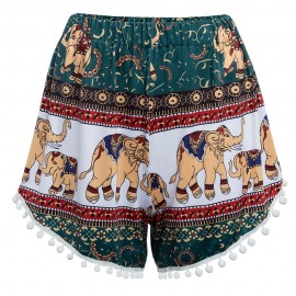 TRENDY MID ELASTIC WAIST ELEGHANT PRINT TASSEL LOOSE SHORTS FOR WOMEN