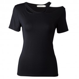 STREET STYLE SCOOP COLLAR CUT OUT PURE COLOR T-SHIRT FOR WOMEN